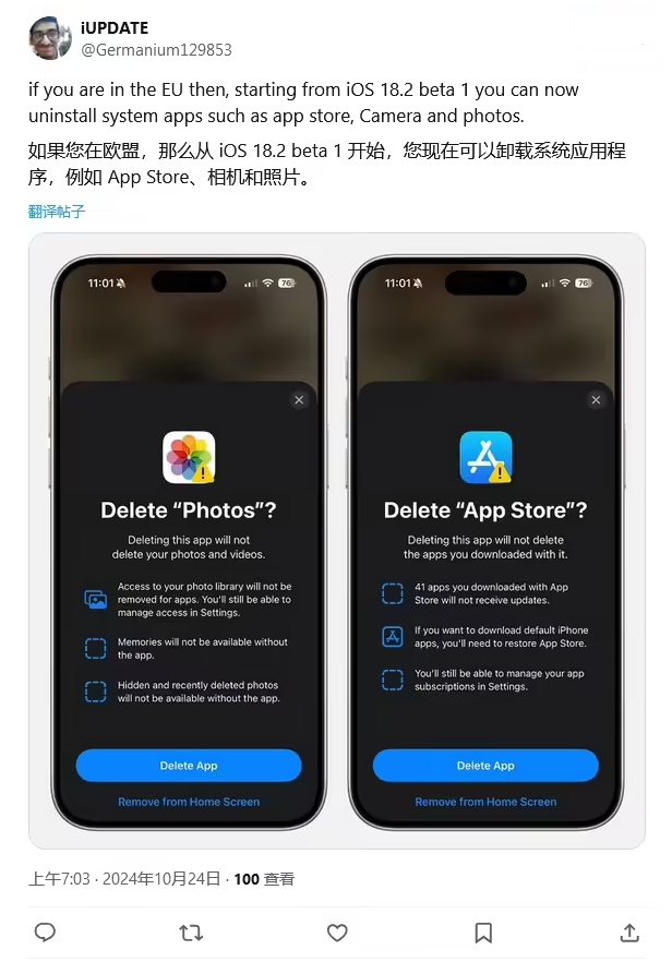 景德镇苹果手机维修分享iOS 18.2 支持删除 App Store 应用商店 