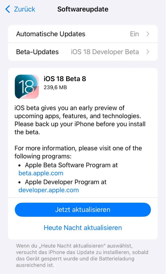 景德镇苹果手机维修分享苹果 iOS / iPadOS 18 开发者预览版 Beta 8 发布 